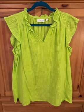 🐷 Belle Beach by Kim Gravel Cotton Gauze Lime Citrus Flounce Sleeve Top A688061